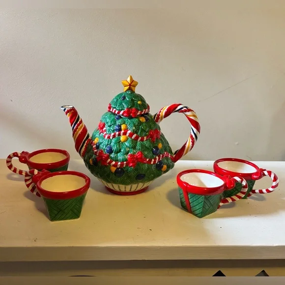 Vintage Retired Department 56 Christmas Tea "O Christmas Tree" Tea Set - Picture 1 of 16